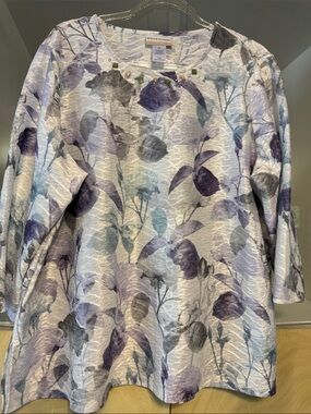 Alfred Dunner 3/4 sleeve floral blouse purple gray watercolor floral pattern 1X